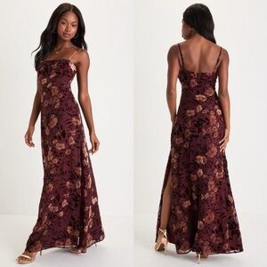 Lulu's Effortless Celebration Burgundy Floral Burnout A-Line Maxi Dress Size L